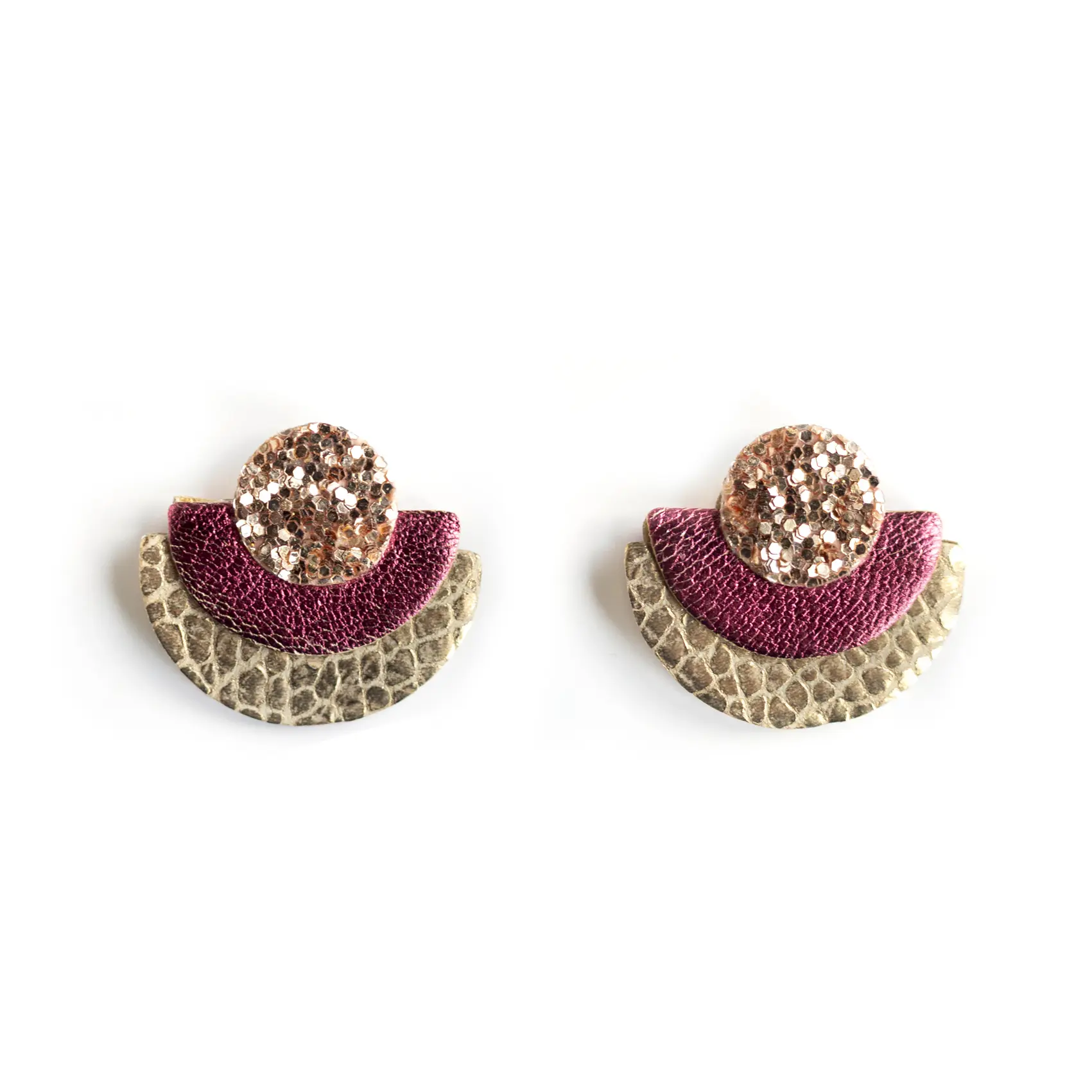 Stud Earrings, Half-Circle, Leather, Raspberry, Gold