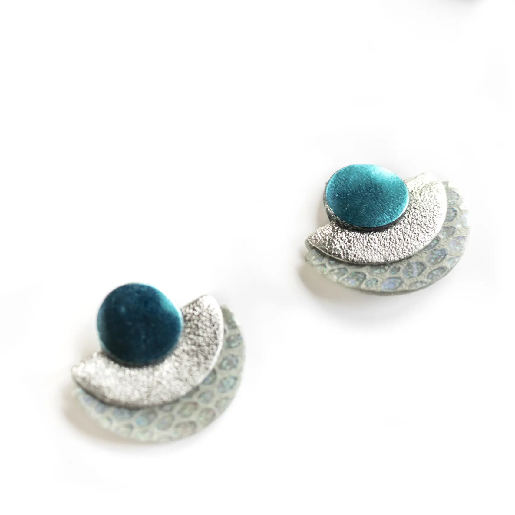 Stud Earrings, Half-Circle, Leather, Blue, Silver, Grey