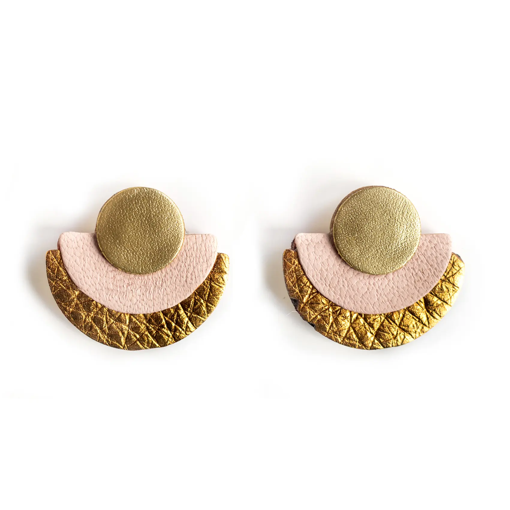 Stud Earrings, Half-Circle, Leather, Bronze, Rose Orange