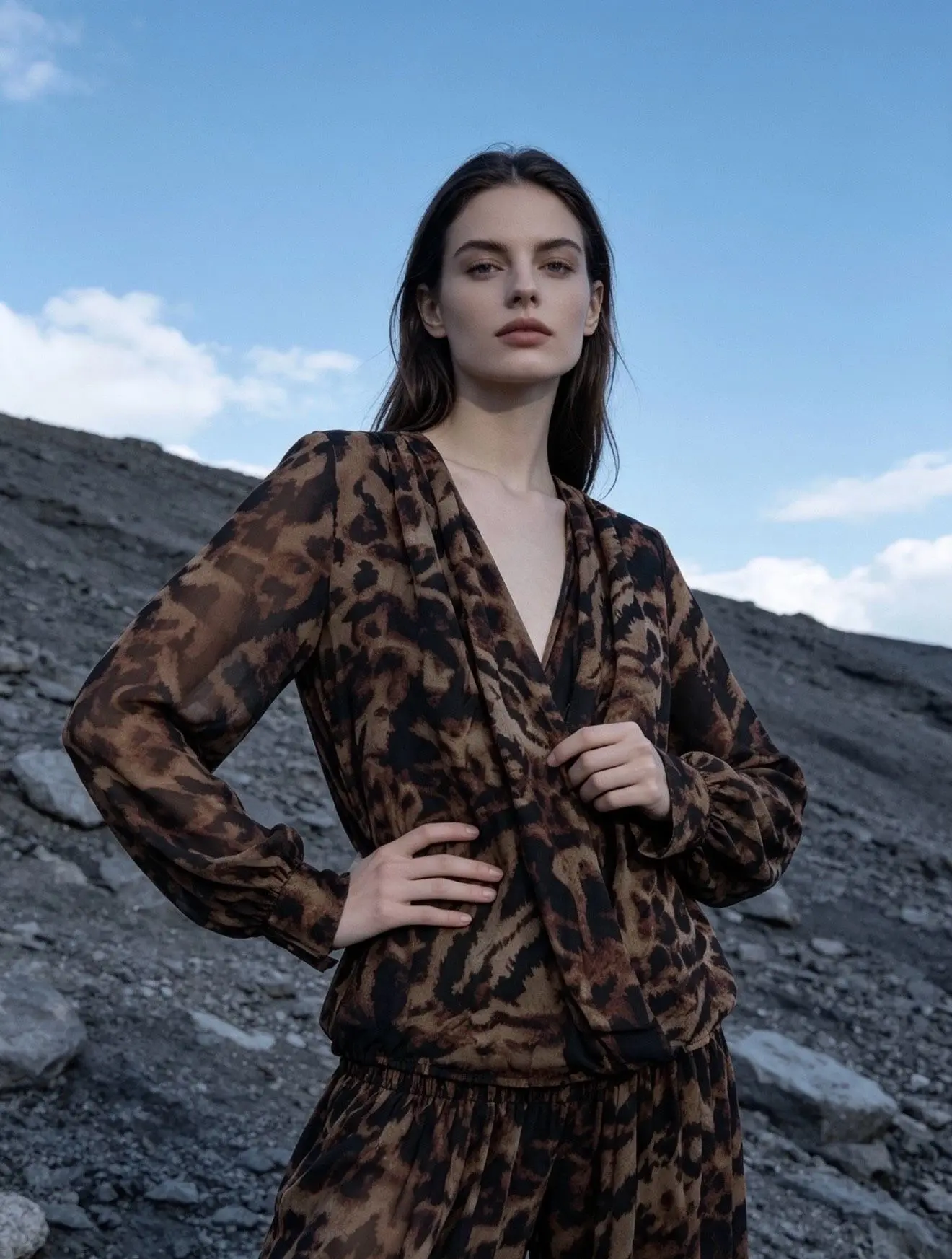 Long-sleeved wrap shirt, leopard print