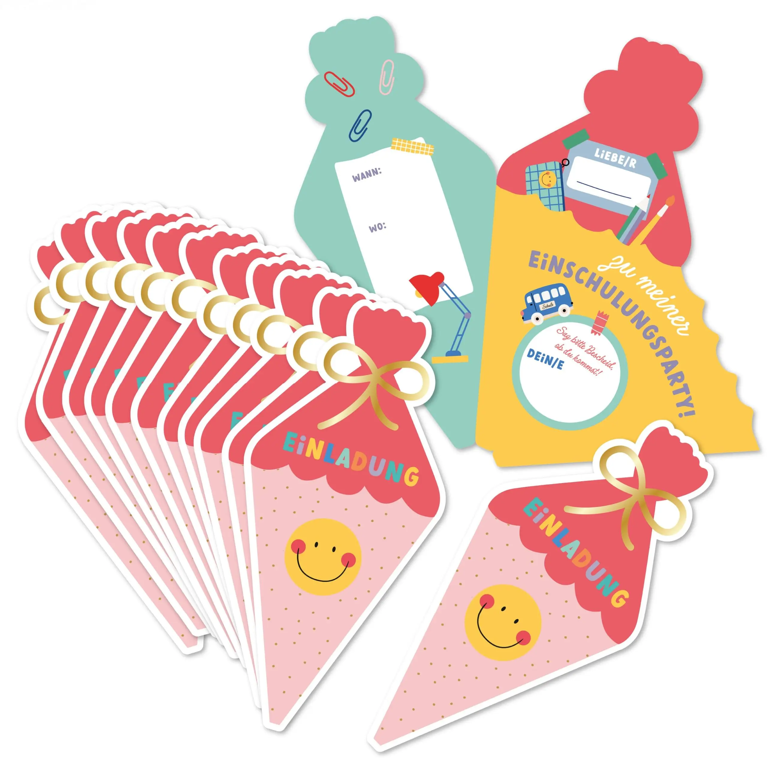 Paper Dragon invitations for the first day of school - pink school cone