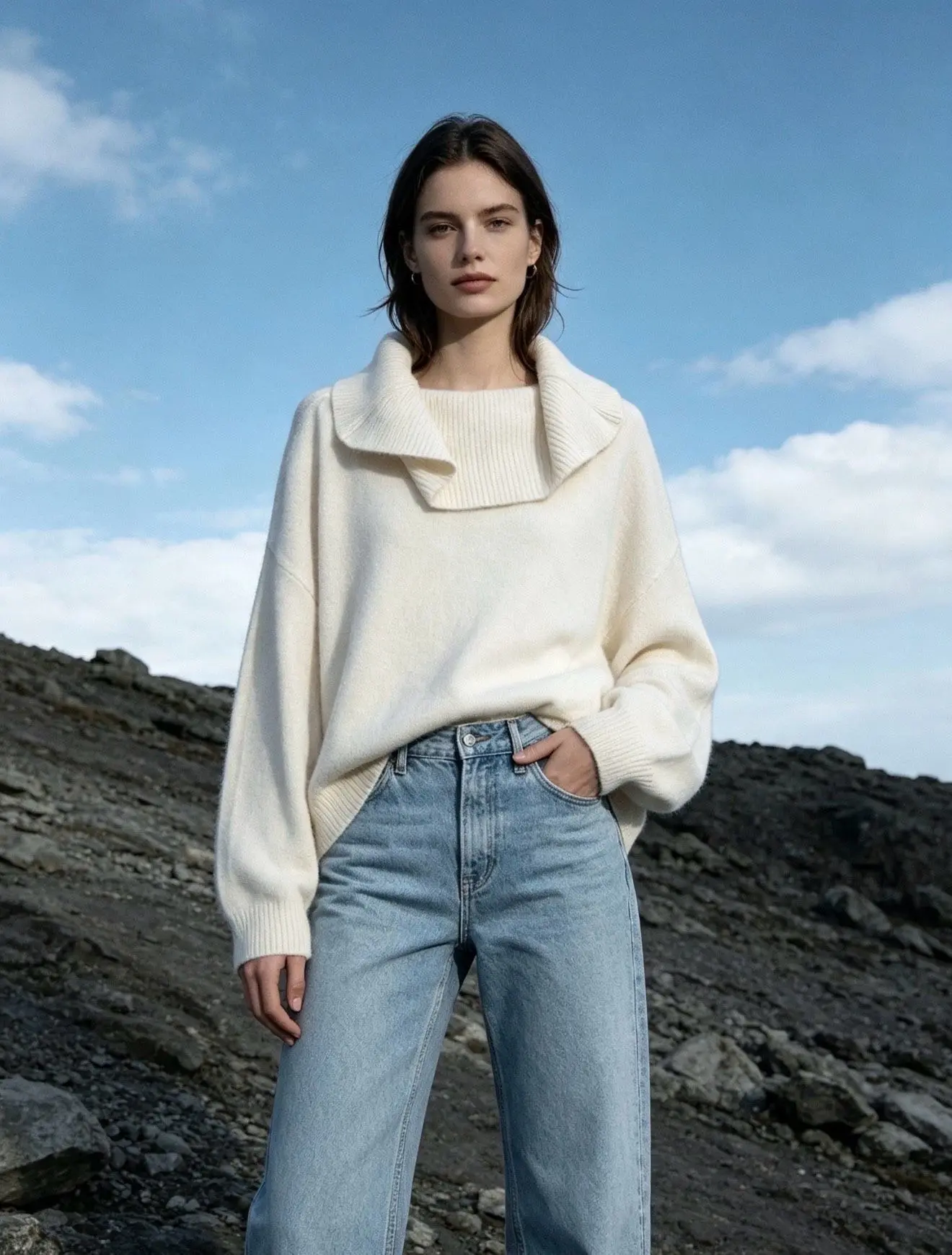 Wide-neck turtleneck sweater, batwing sleeves