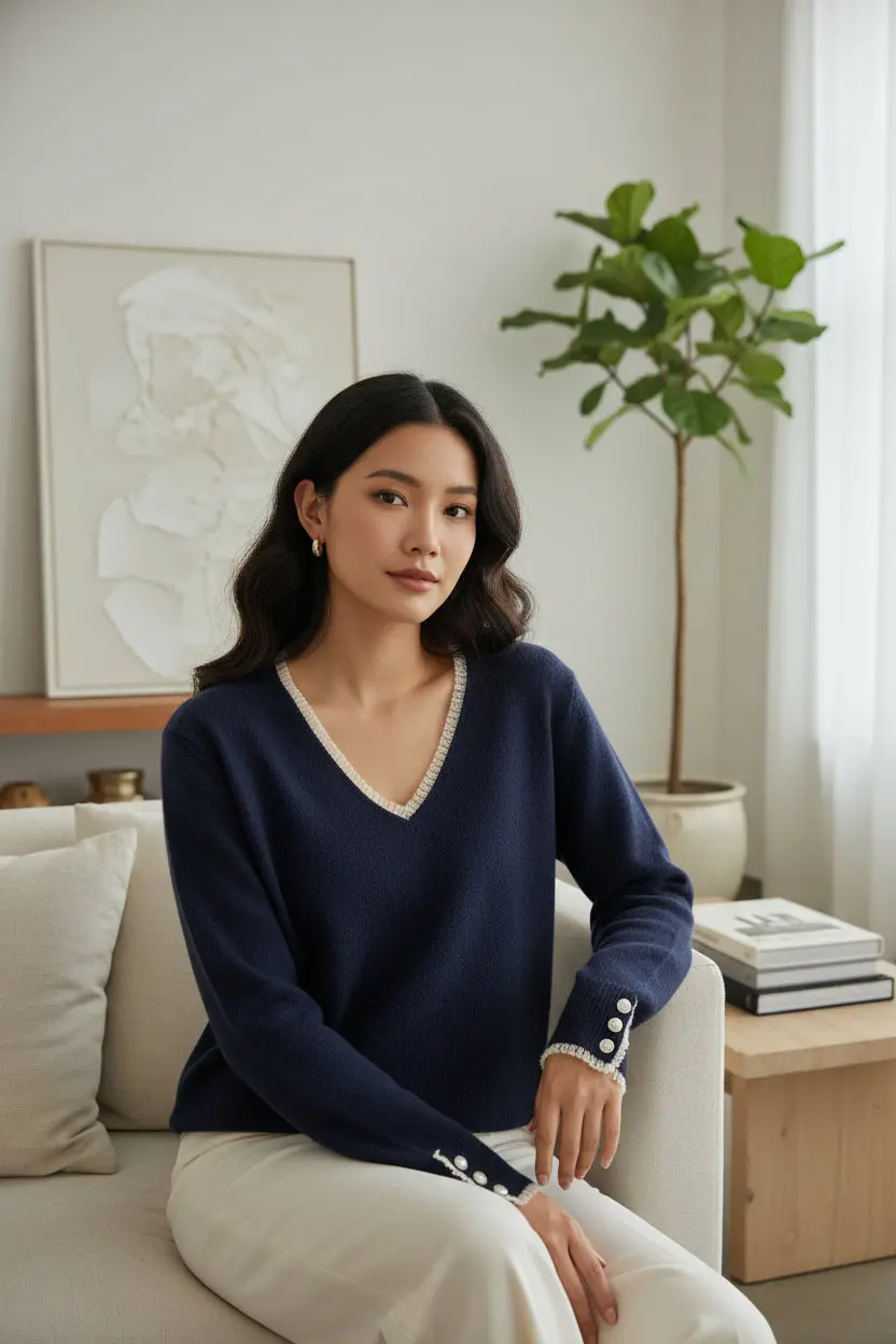 Pull élégant à col en V avec détails boutonnés - VB8005