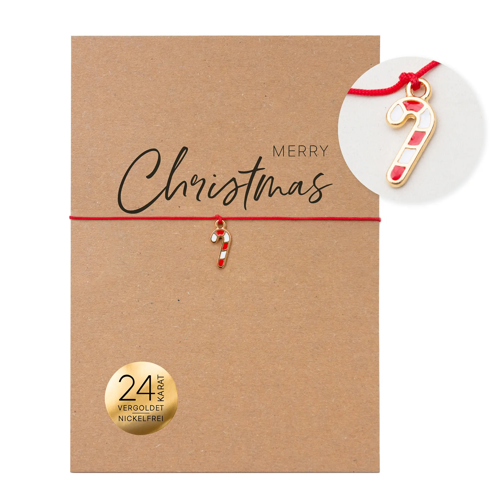 Armband auf Karte - Zuckerstange "Merry Christmas" 24K vergoldeter Anhänger - DIN A6 Recyclingkarte