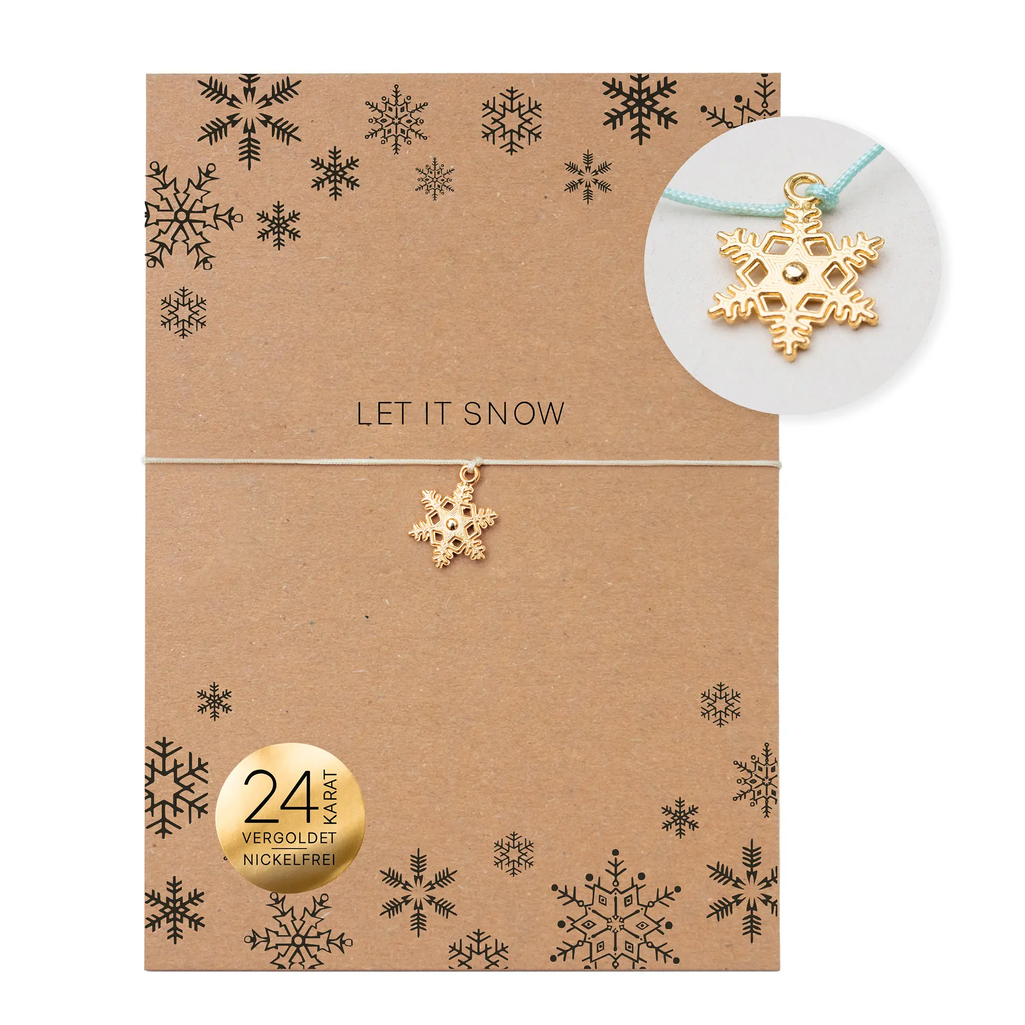 Armband auf Karte - Schneeflocke "Let it snow" 24K vergoldeter Anhänger - DIN A6 Recyclingkarte