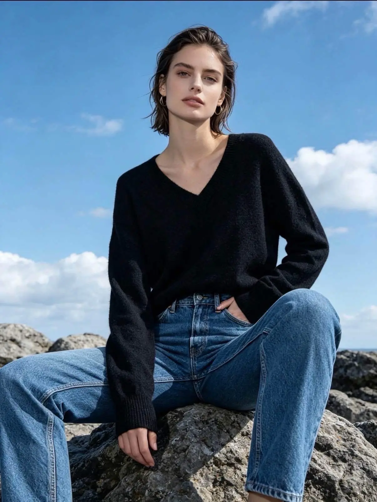 V-neck sweater, soft and fluffy knit, relaxed fit