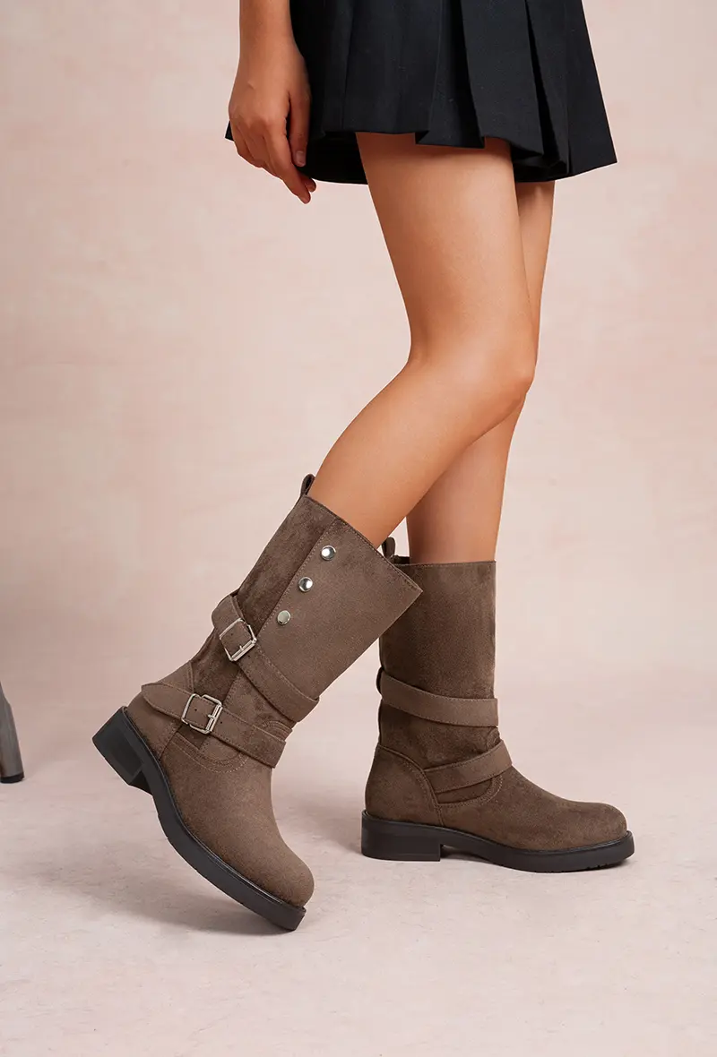 Mid-calf biker-style suede boots with multiple straps and rivets (Ref: HQ503)