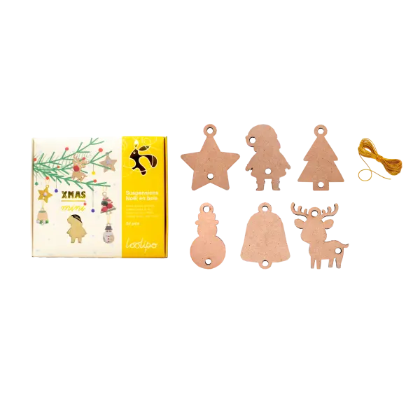 PETITES SUSPENSIONS DE NOËL EN BOIS 6 CM + FICELLE DORÉES - XMAS MINI