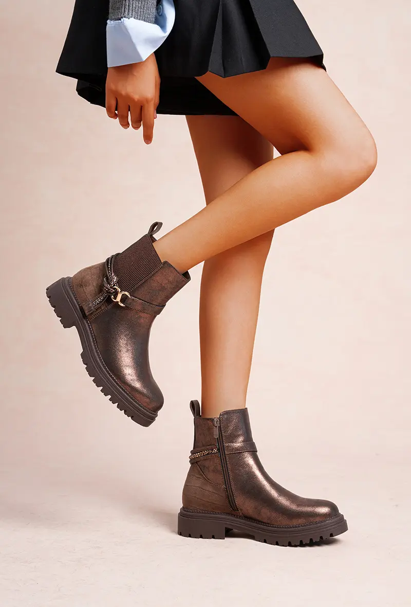 Chelsea/Biker Style Ankle Boots in Patinated Faux Leather with Strap and Metal Ring (Ref: F6989)