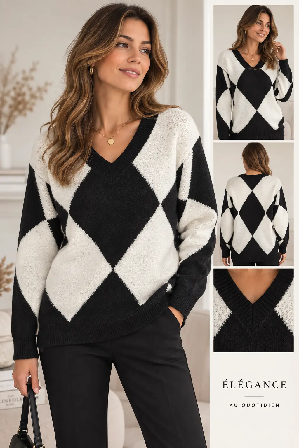 Pull Femme Col V en Maille Graphique