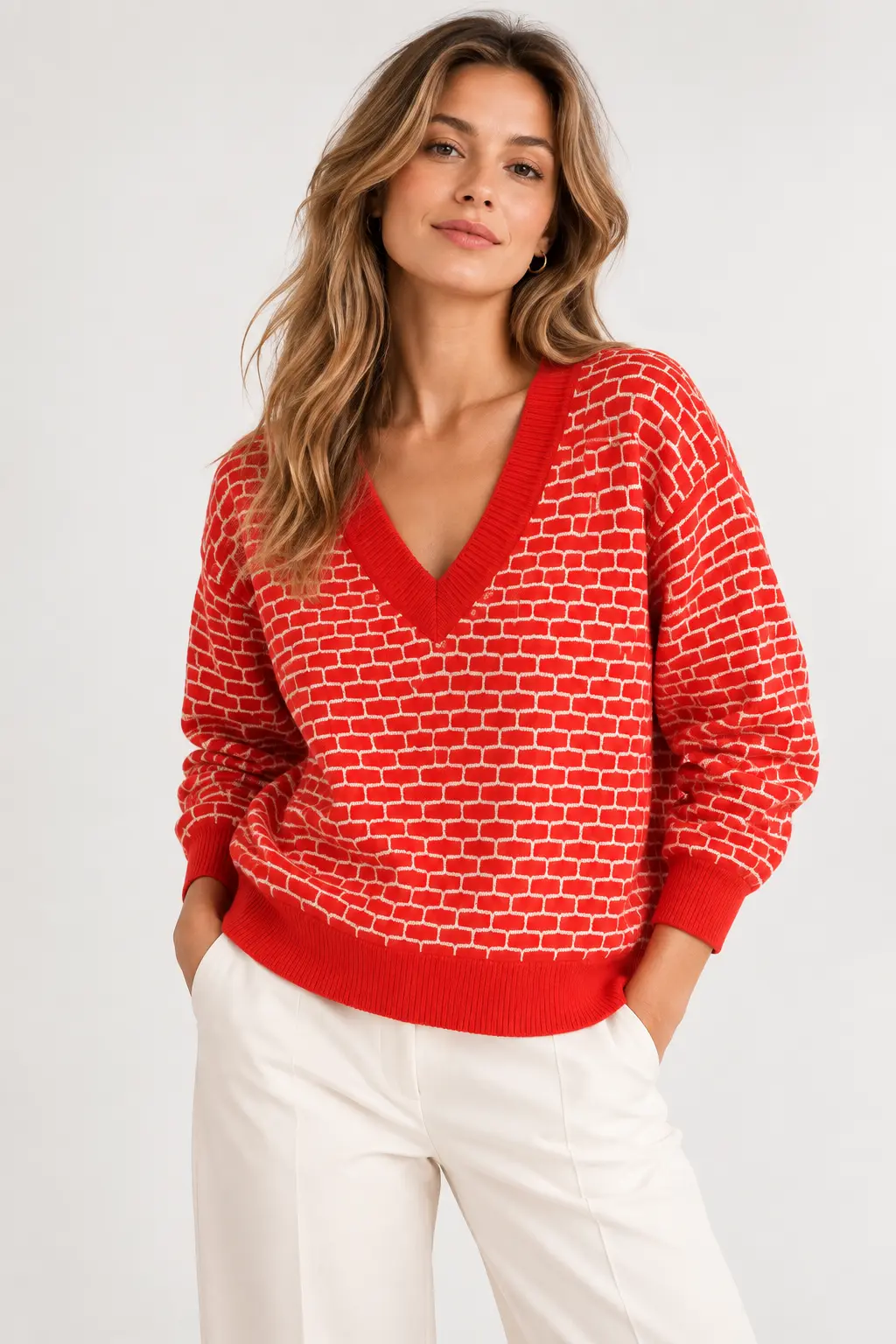 Pull Col V Femme en Maille Graphique Élisa