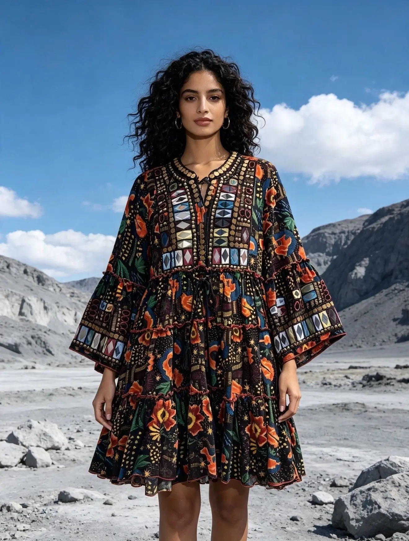 Embroidered tunic dress with sequins and mirror-effect acetate, flared cut