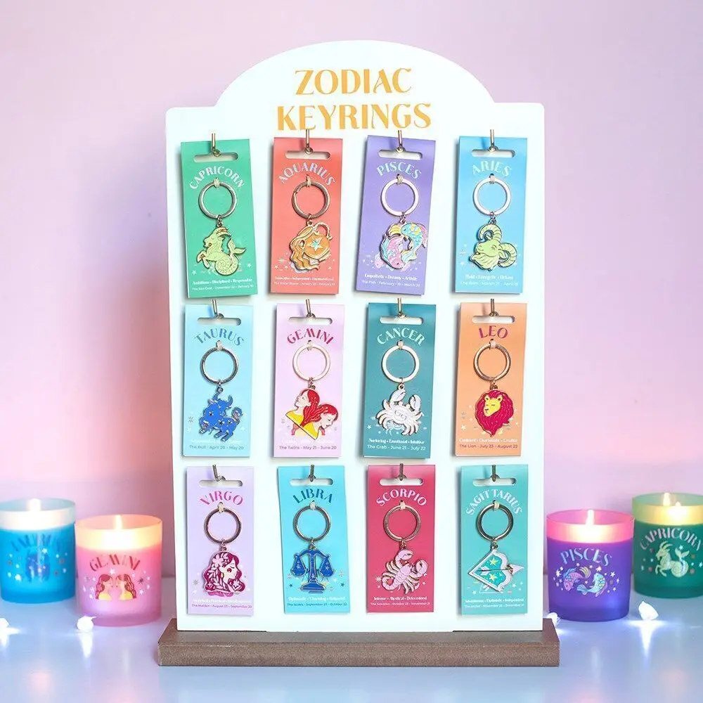 Set of 36 Zodiac Zest Keyrings on Display