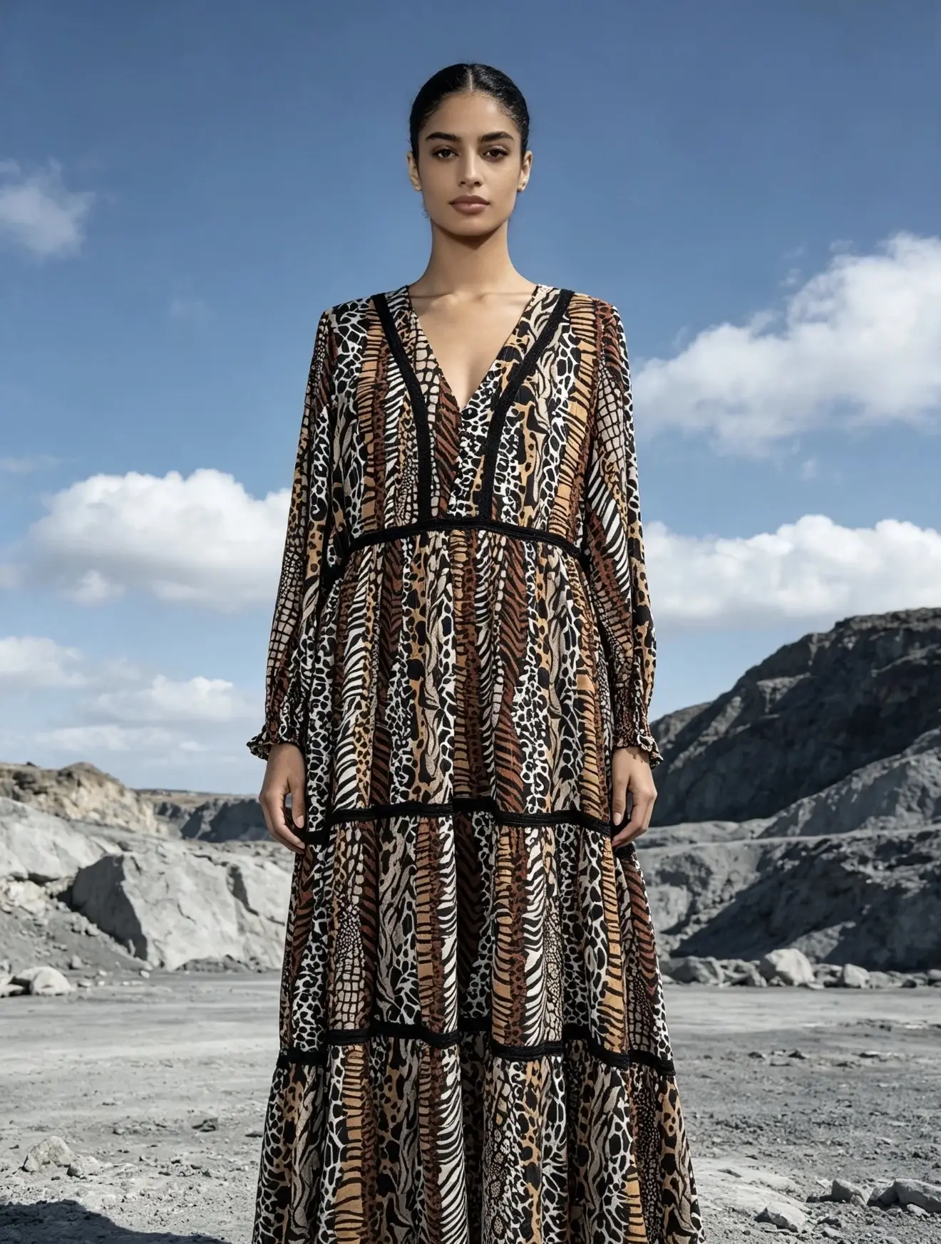 Maxi long dress with leopard print and Lurex, flared cut