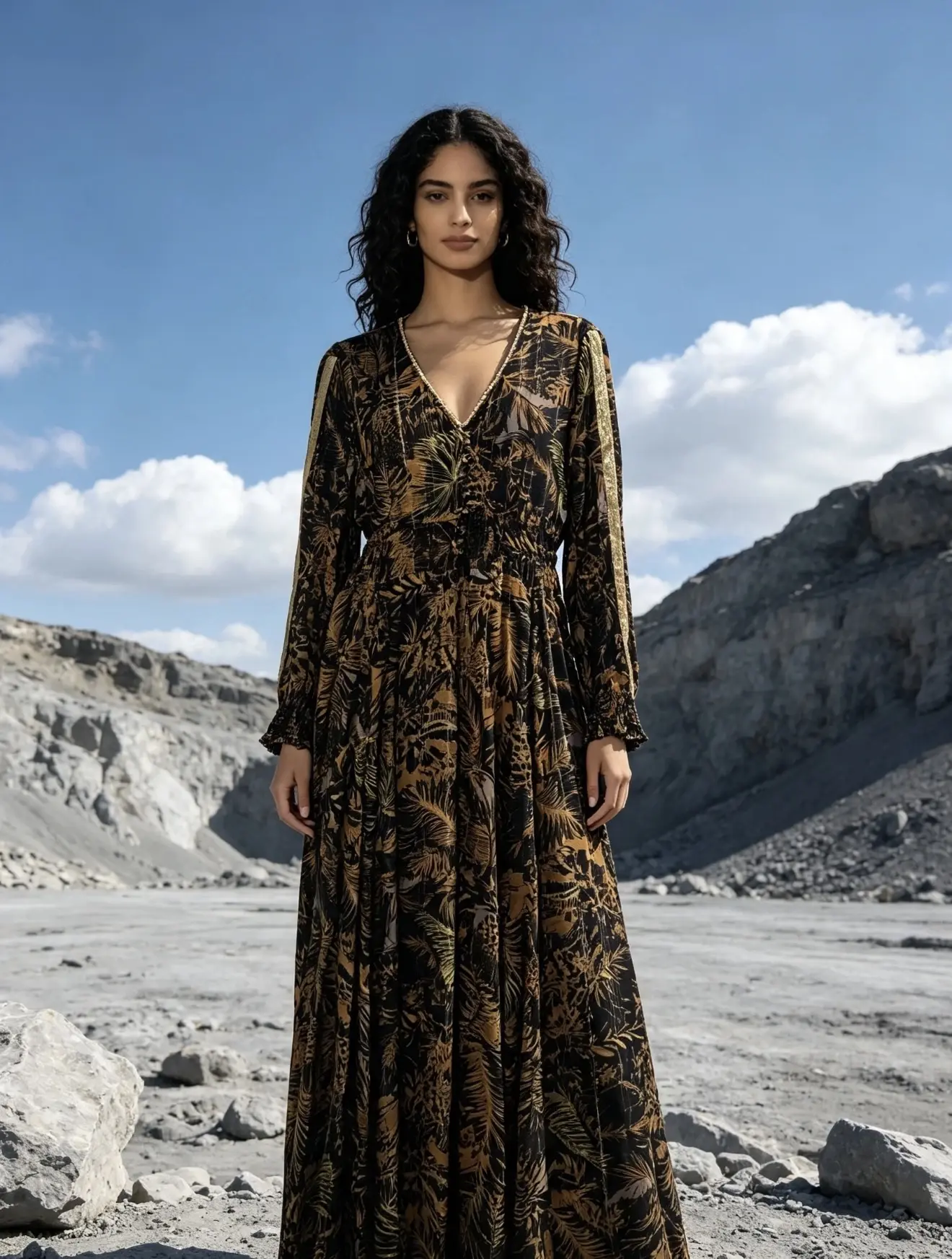 Long tropical print dress with LUREX, flared cut, rust effect