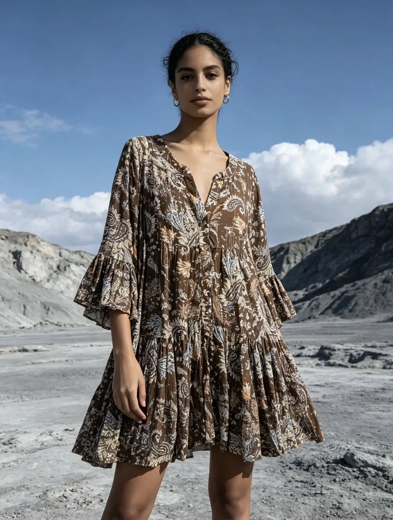 Paisley print midi dress, flared cut with gathers