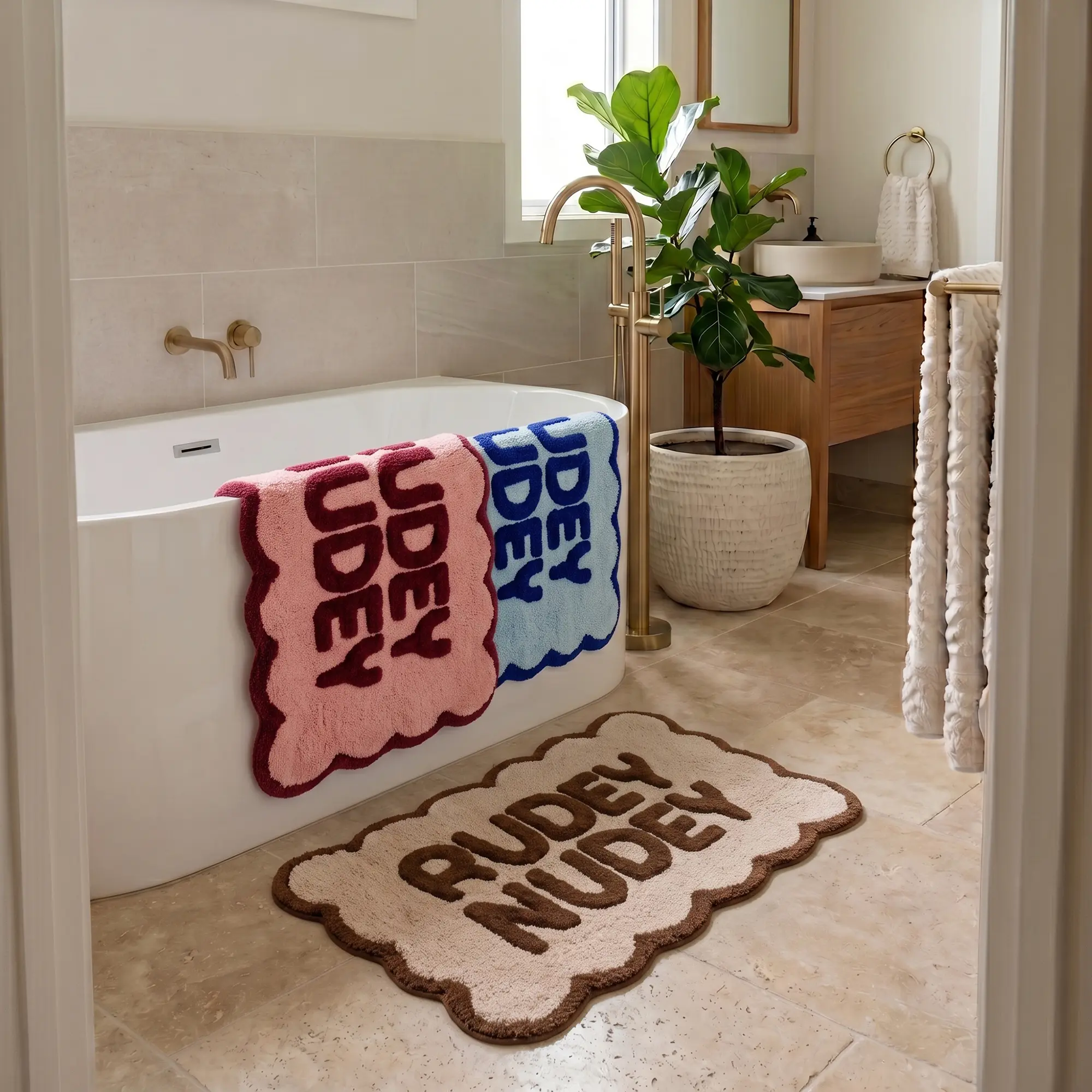 Tapis de bain festonnés à slogan Rudey Nudey