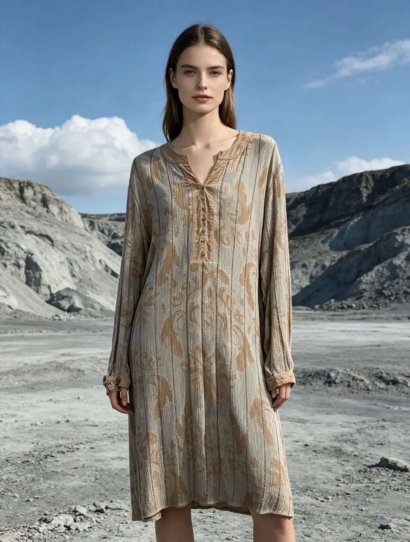 Mid-length dress printed with Lurex, straight cut