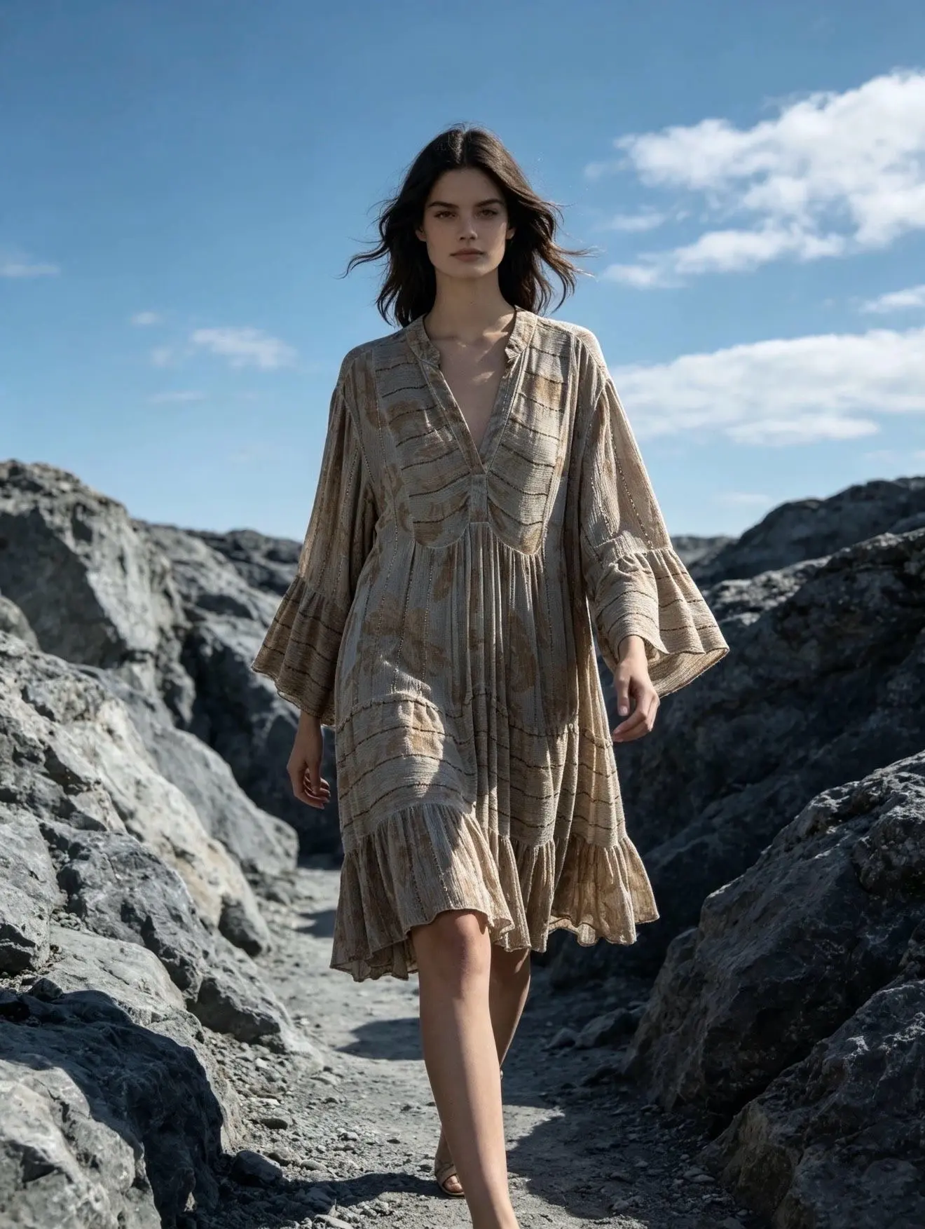 Mid-length dress printed with Lurex, flared cut with V-neck
