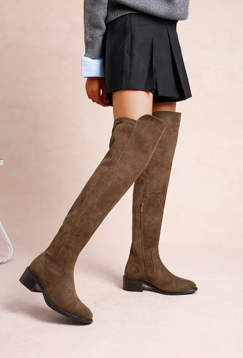 Stretch Suede Thigh High Boots with Square Heel and Metallic Detail (Ref: LH207)