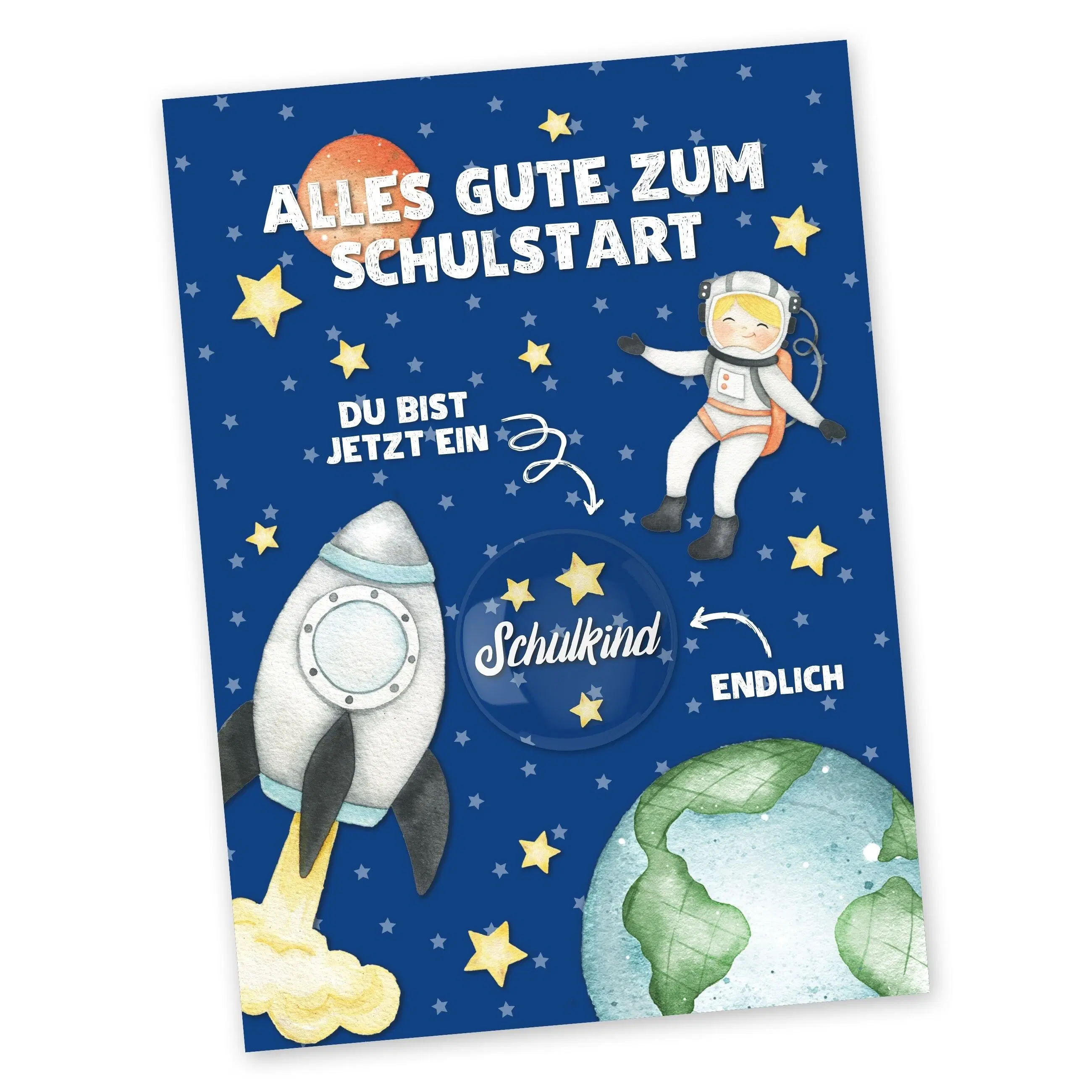 Postcard with button | Happy school start to send and give away | Design space | 35mm button printed with school child