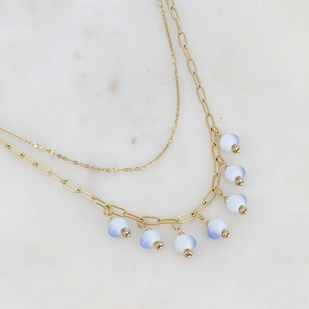 Collier 2 rangs en maille avec perles en céramique émaillée