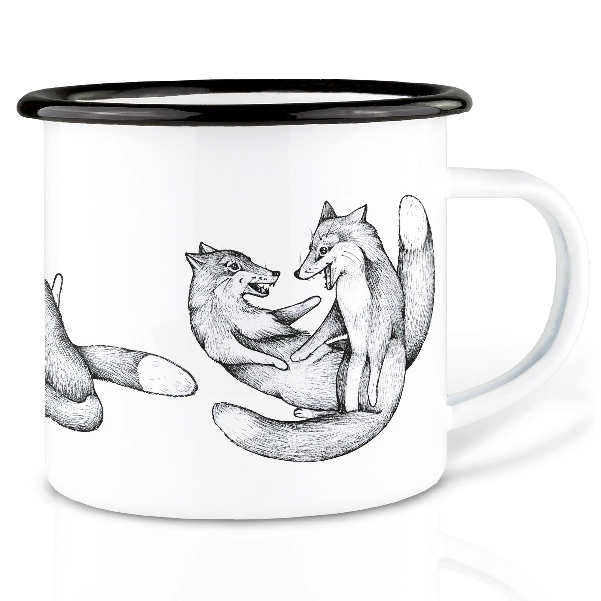 Emaille Tasse – Tobende Füchse