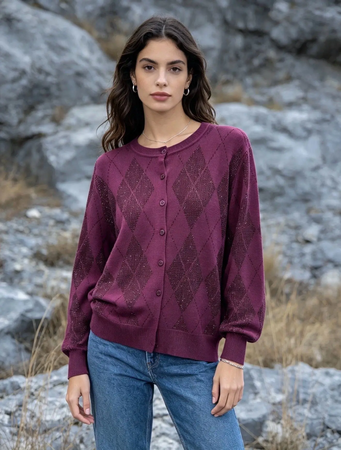High-quality, fine knit cardigan embroidered with rhinestones on the front and back.