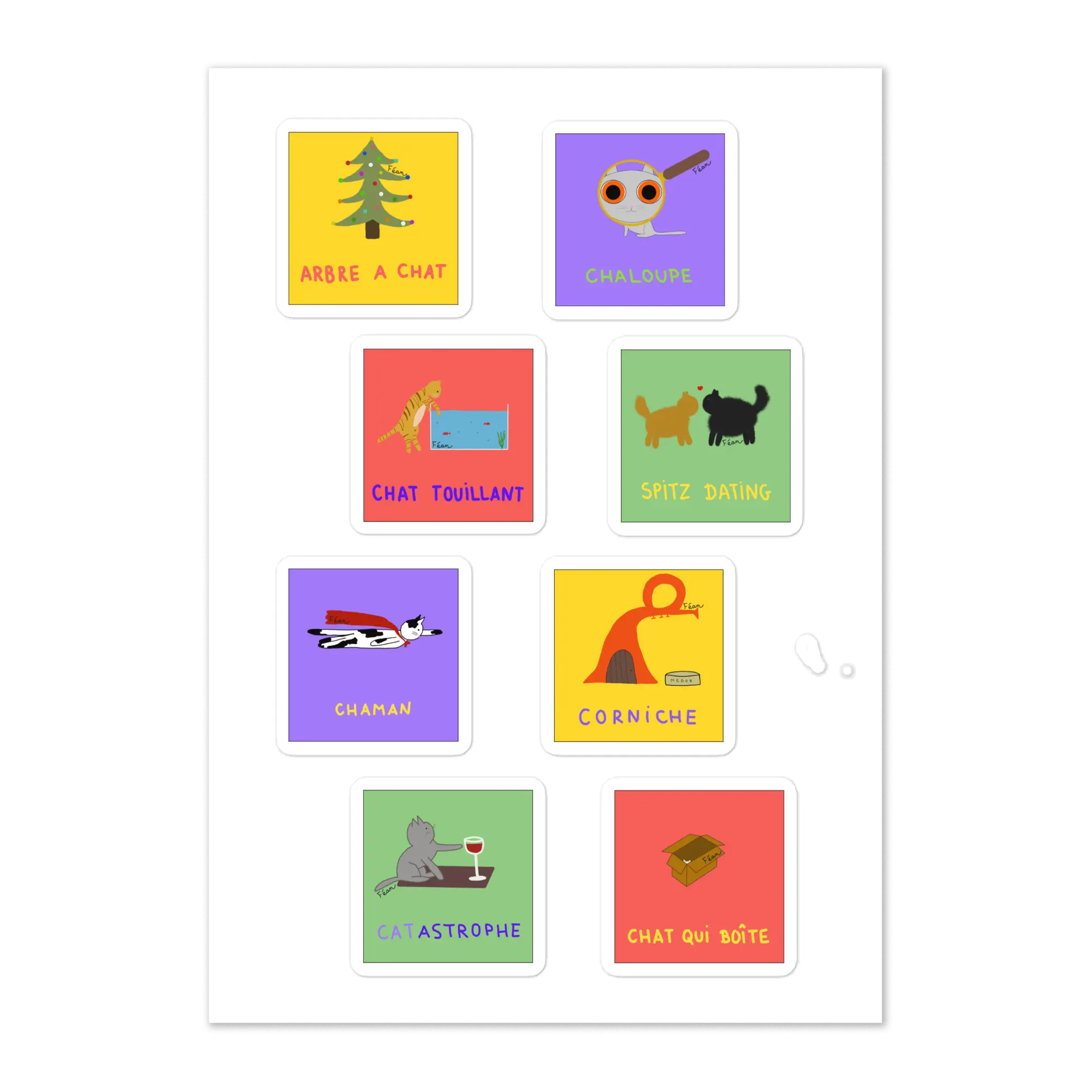 Sheet of 8 repositionable 4x4cm self-adhesive stickers with a humorous "cat & a little bit of dog" theme
