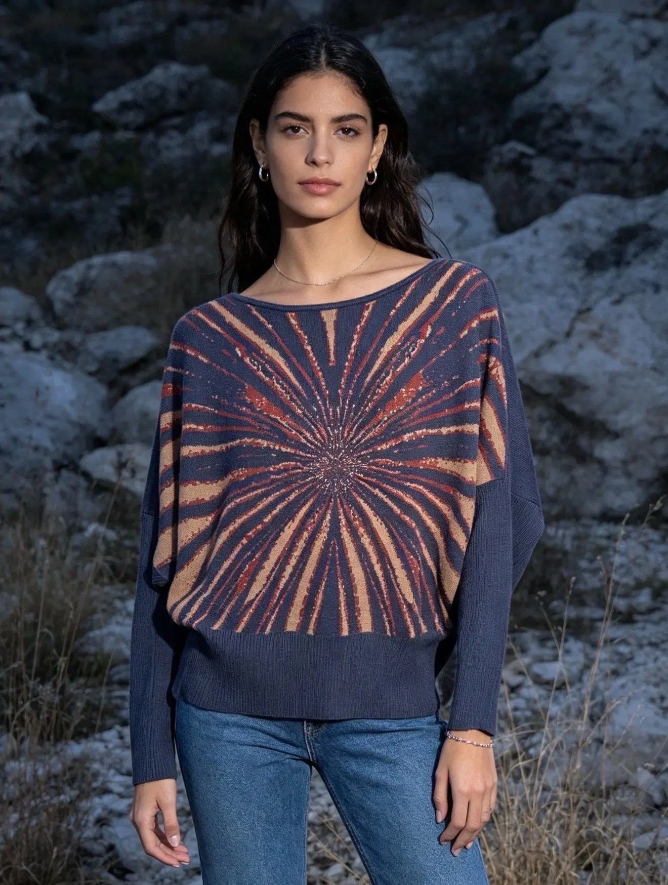 High-quality, fine-knit batwing-sleeve sweater