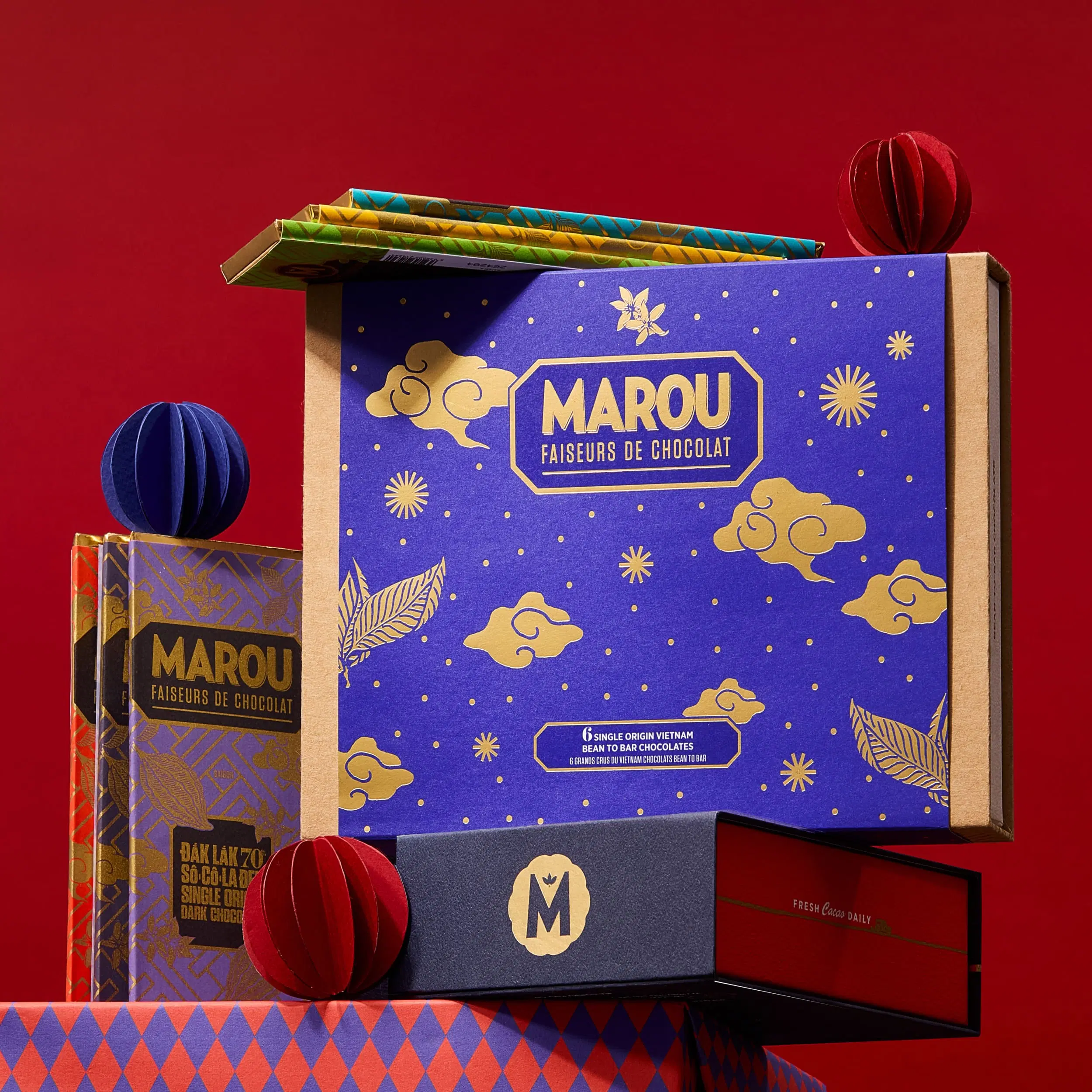 Caja de regalo con 6 mini barritas de chocolate - Chocolate negro Grand Cru, Vietnam, Edición Navideña