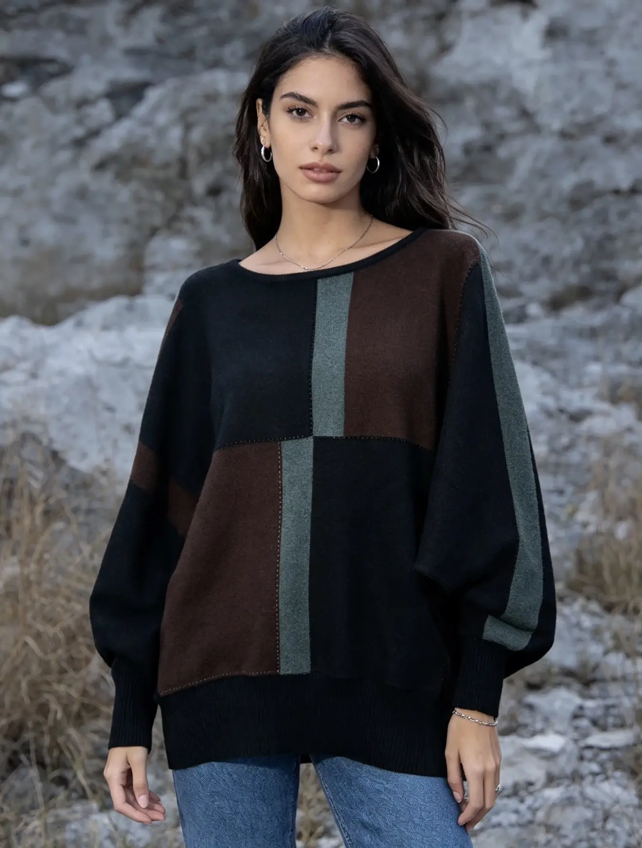 High-quality, fine-knit batwing-sleeve sweater embroidered with rhinestones