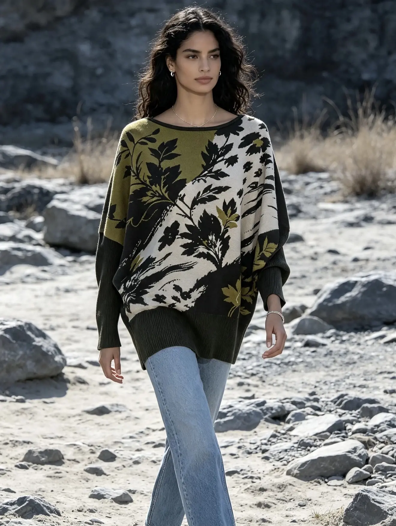 High-quality, oversized, fine-knit, batwing-sleeve sweater with a floral pattern.