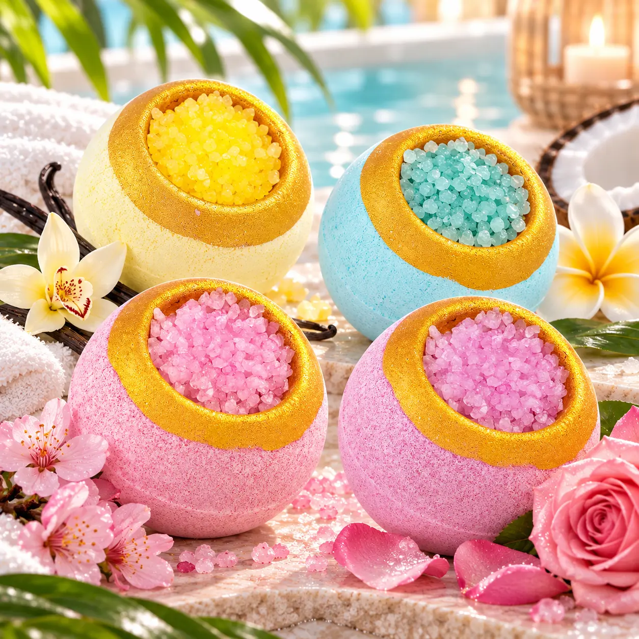 Bath bomb with crystals 150g – 4 fragrances to choose from: Rose, Monoi, Cherry Blossom & Vanilla