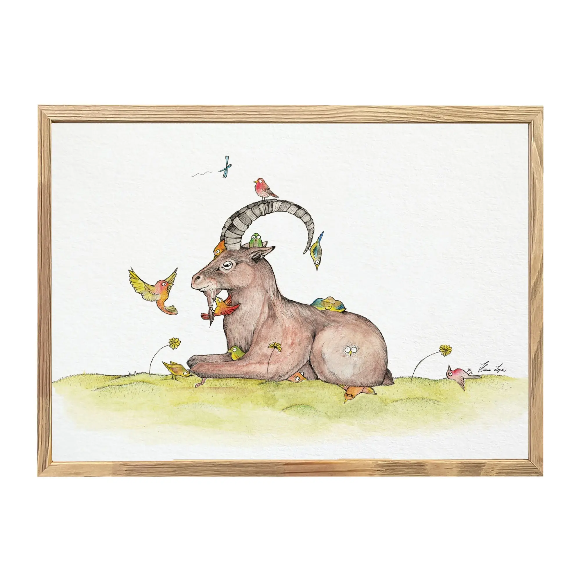 Kunstdruck - Steinbock & Vögel