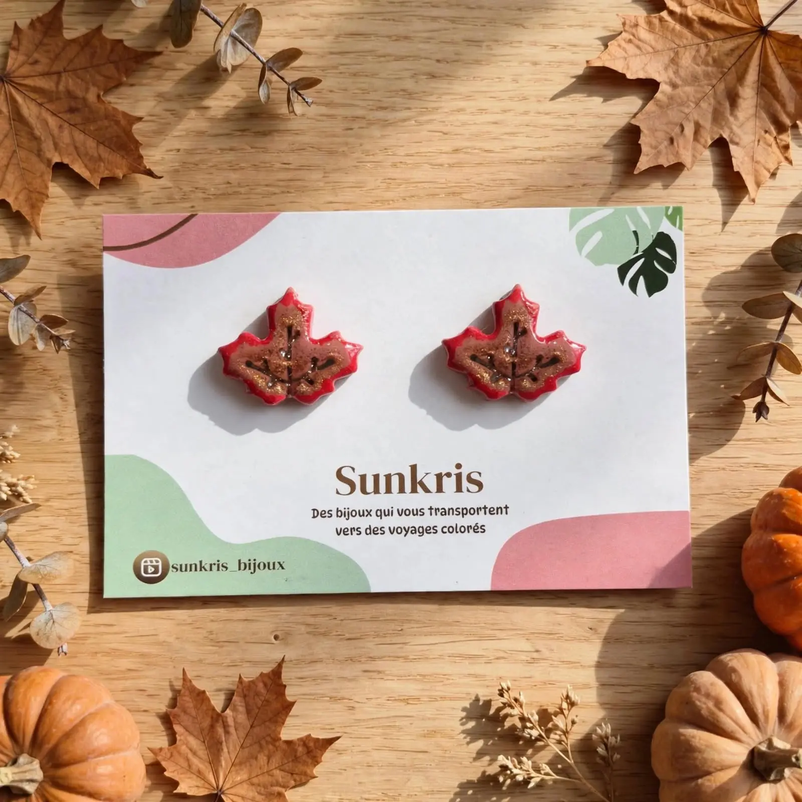Hand-painted red clay maple leaf earrings