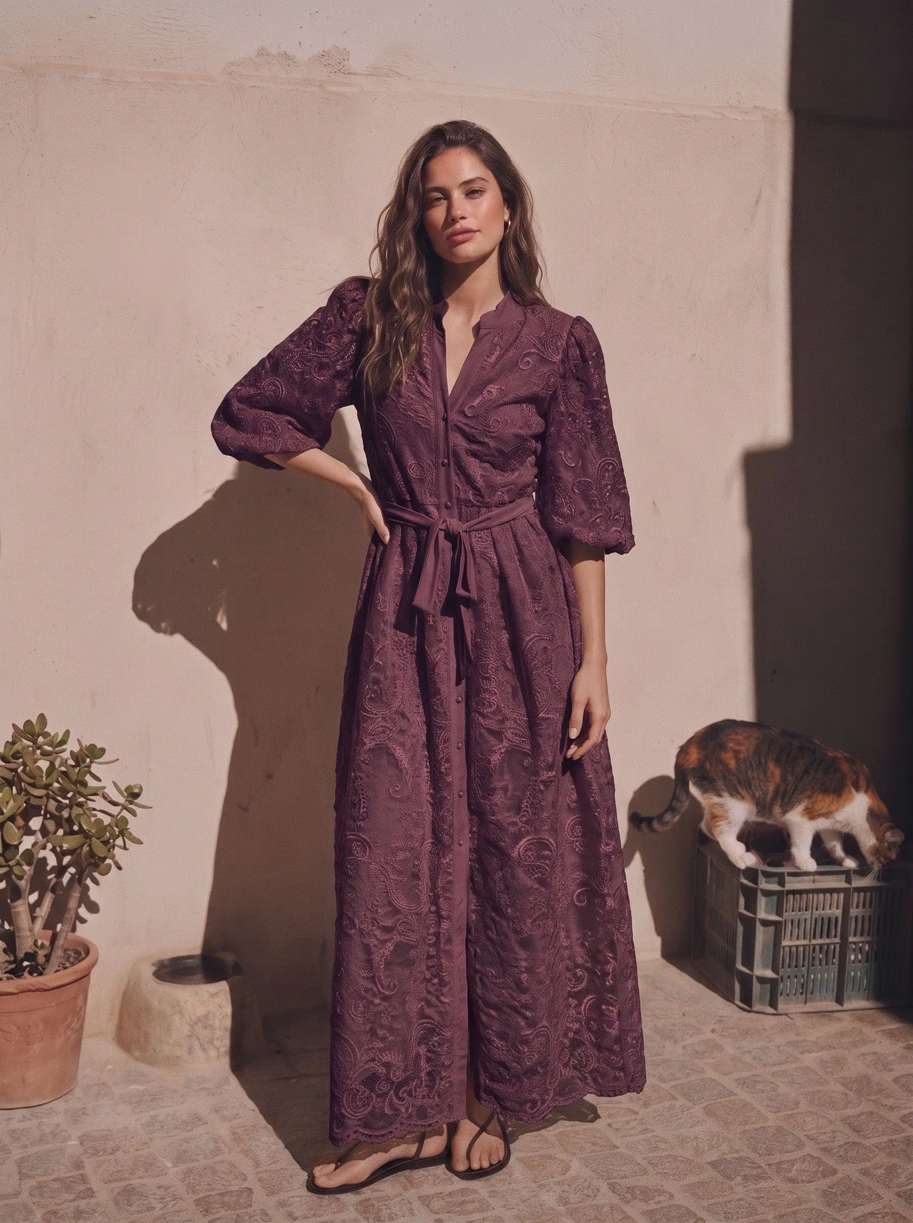 Robe longue boutonnée en dentelle avec ceinture et manches bouffantes