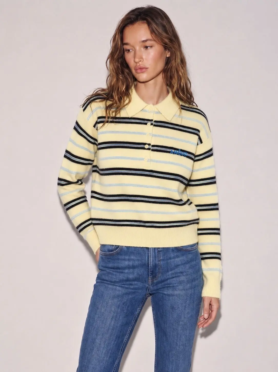 Pull polo en maille à rayures et manches longues