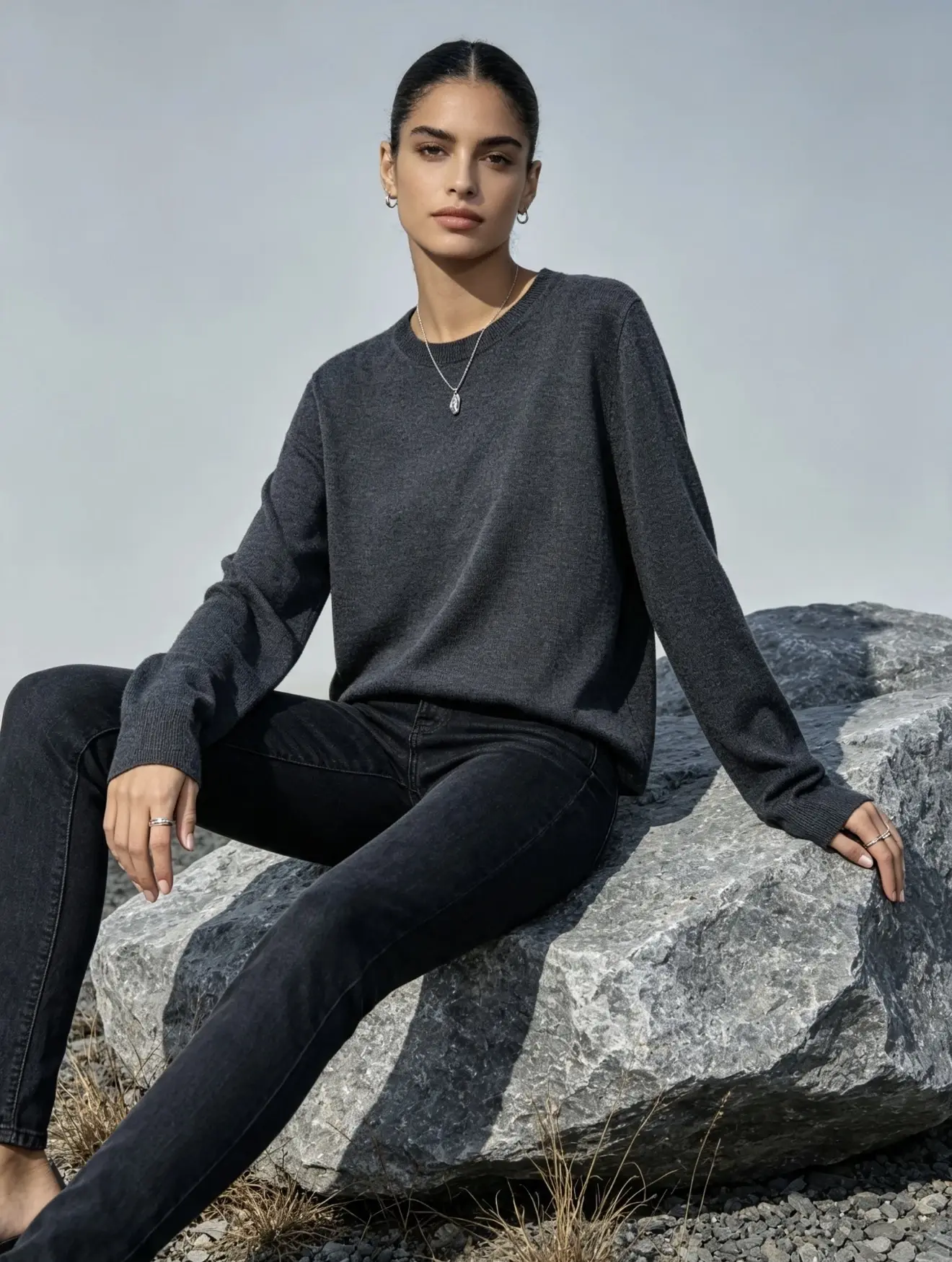 Pull col rond en maille douce, coupe ajustée, mélange de Laine mérinos