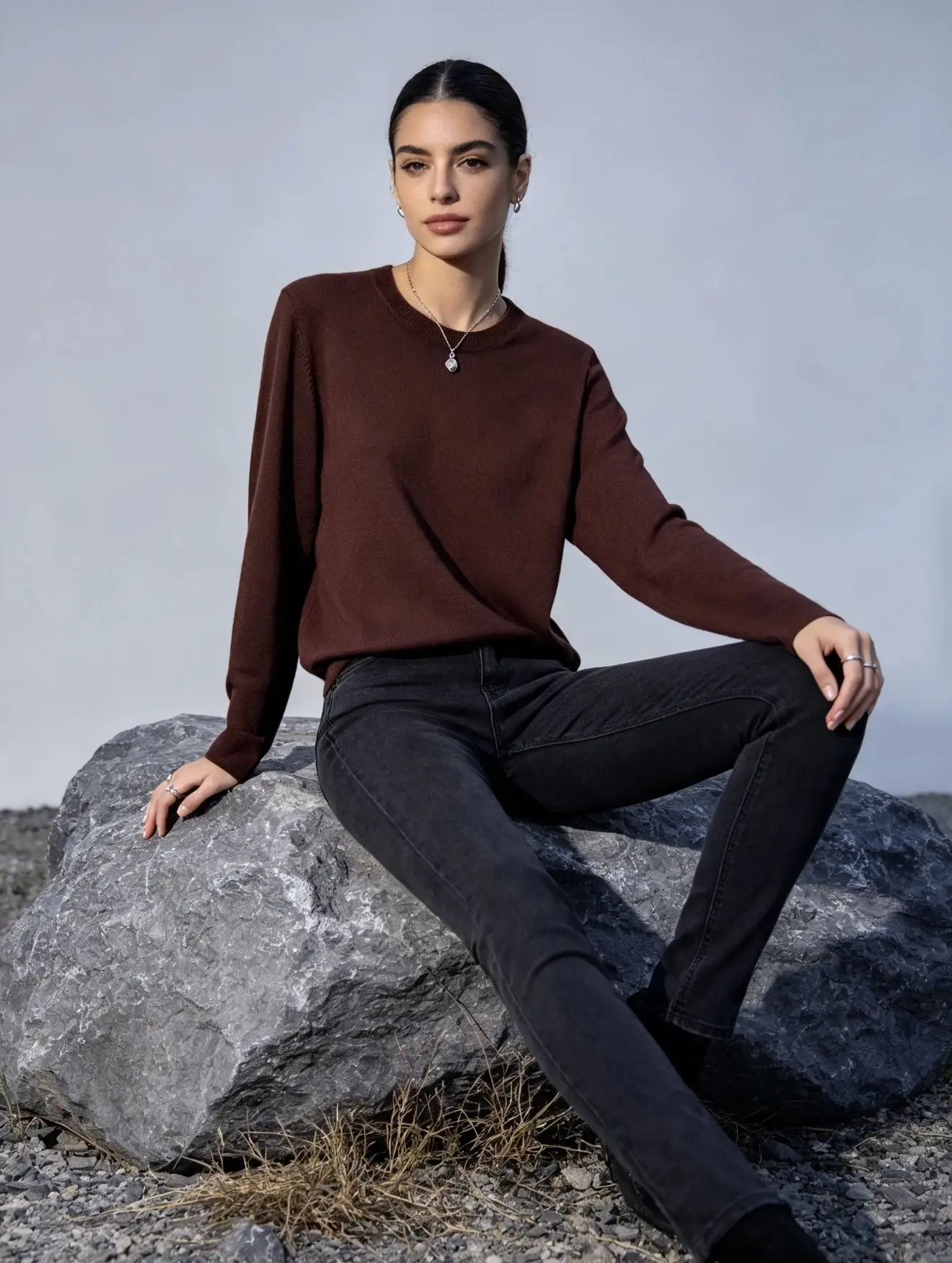 Pull col rond en maille douce, coupe ajustée, mélange de Laine mérinos