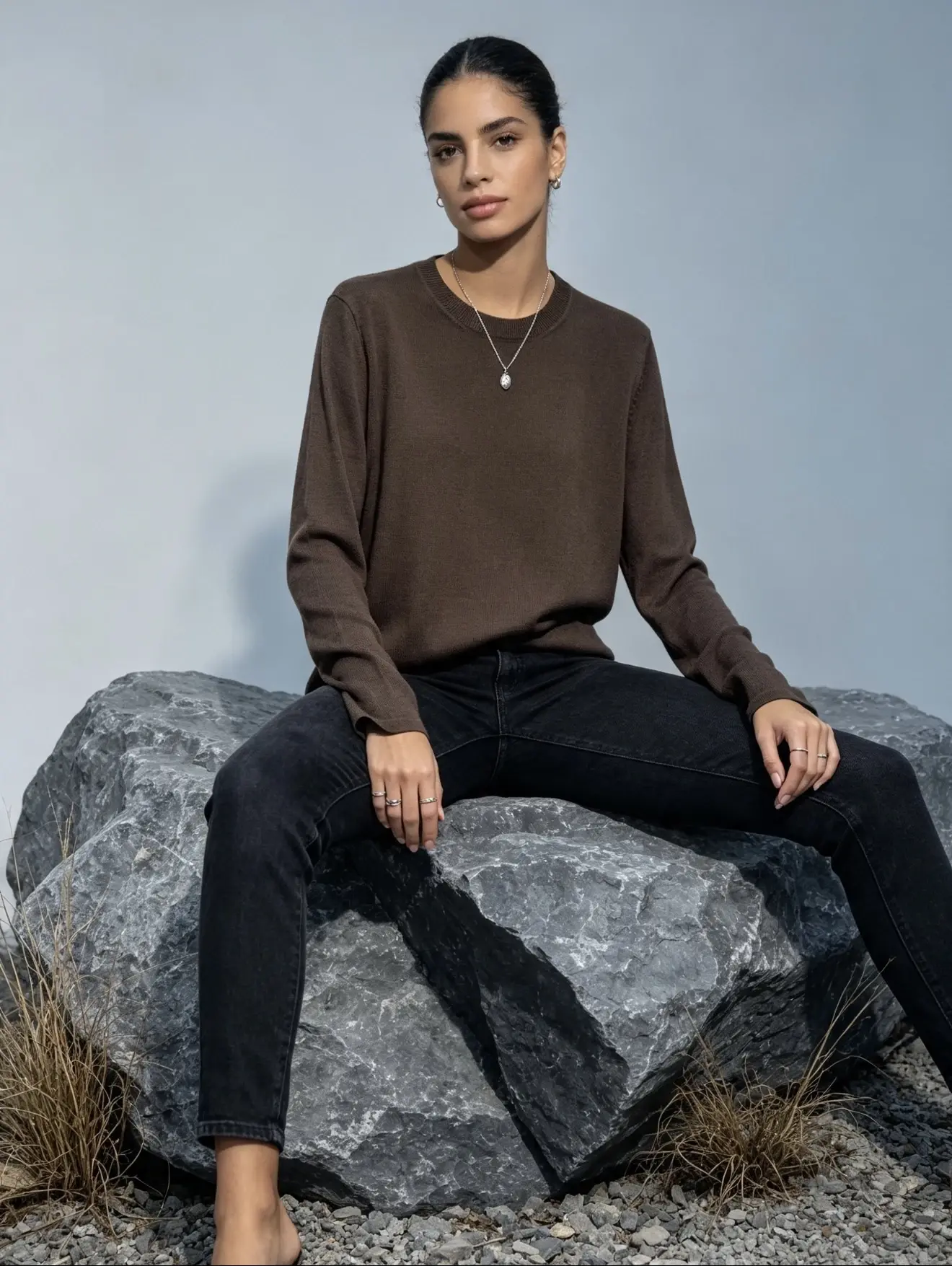 Pull col rond en maille douce, coupe ajustée, mélange de Laine mérinos