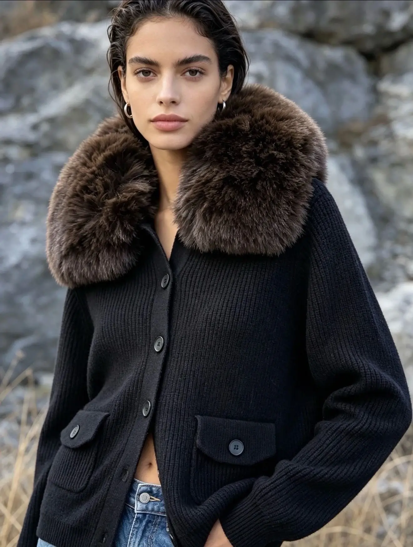 Manteau veste tricoté à fausse fourrure amovible