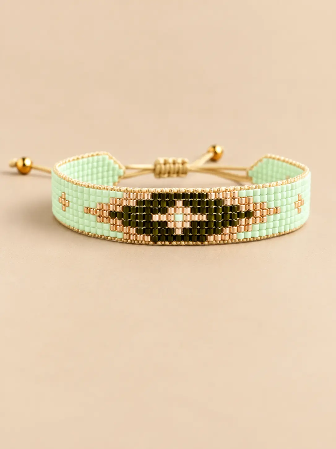 Bracelet en perles Miyuki tissé main 7 lignes, motif losange - menthe bleu lumineux - ajustable - modèle 2