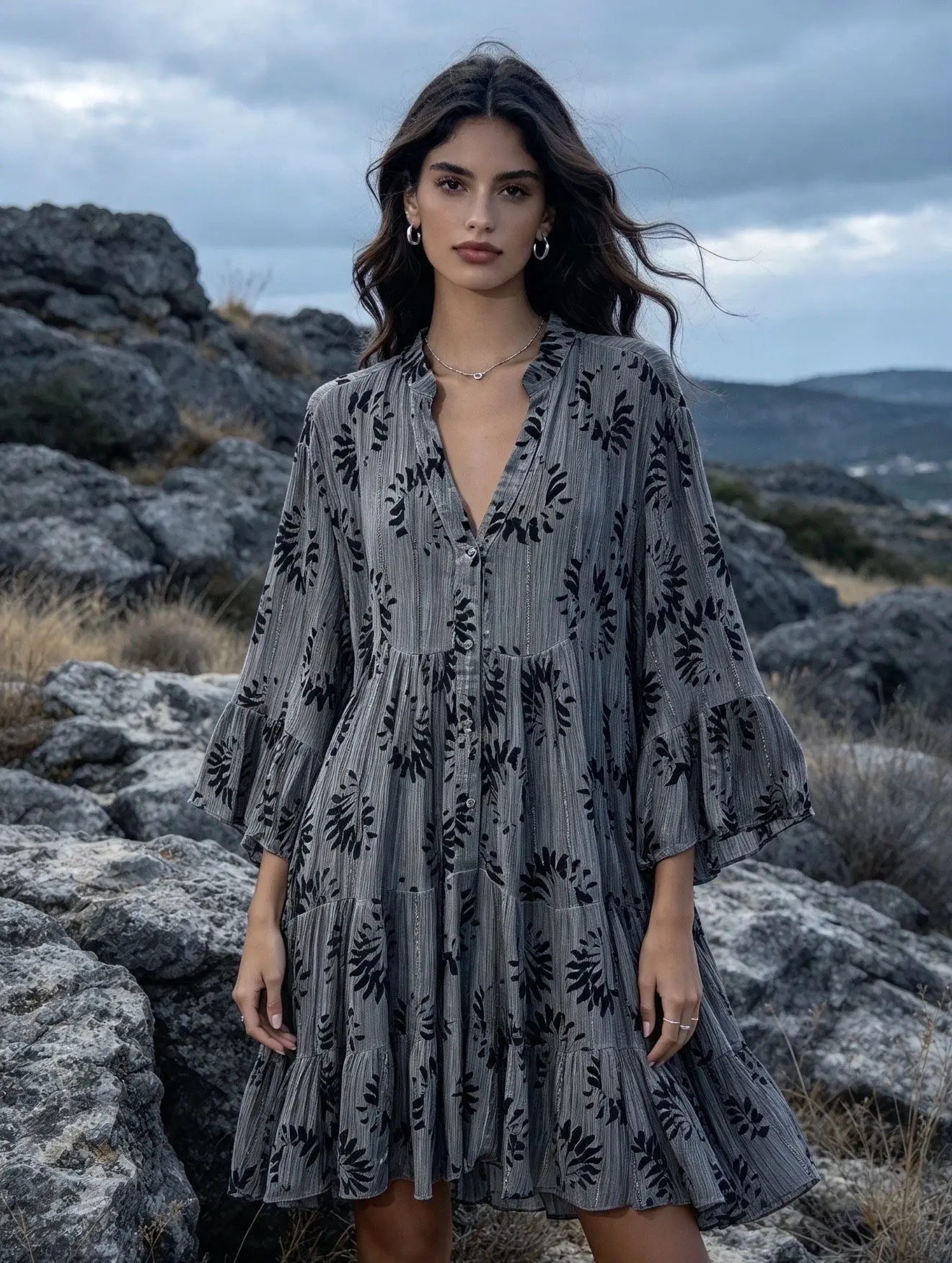 Robe tunique Lurex, manche longue avec coupe évasée
