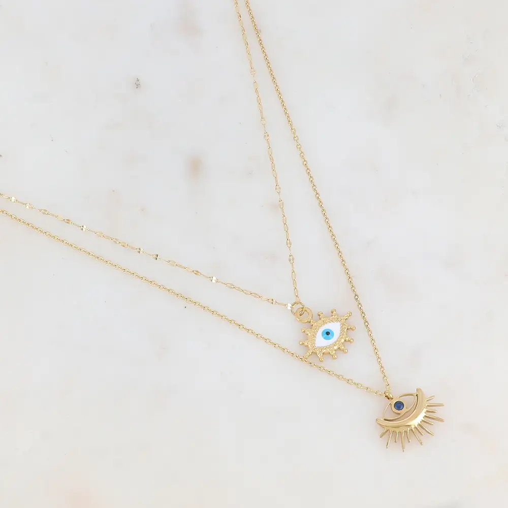 Collier double rangs avec pendentifs forme œil, émail et strass