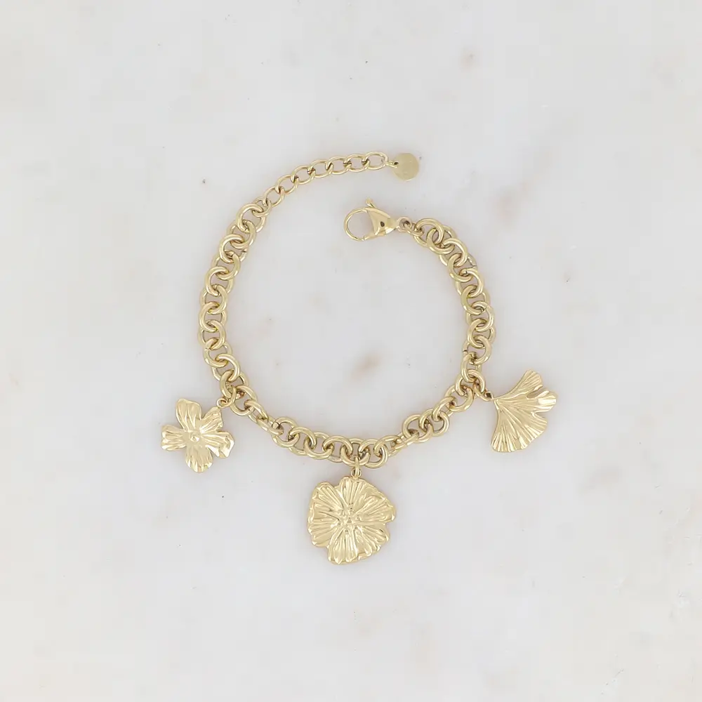 Bracelet maille avec fleurs et feuille de ginkgo
