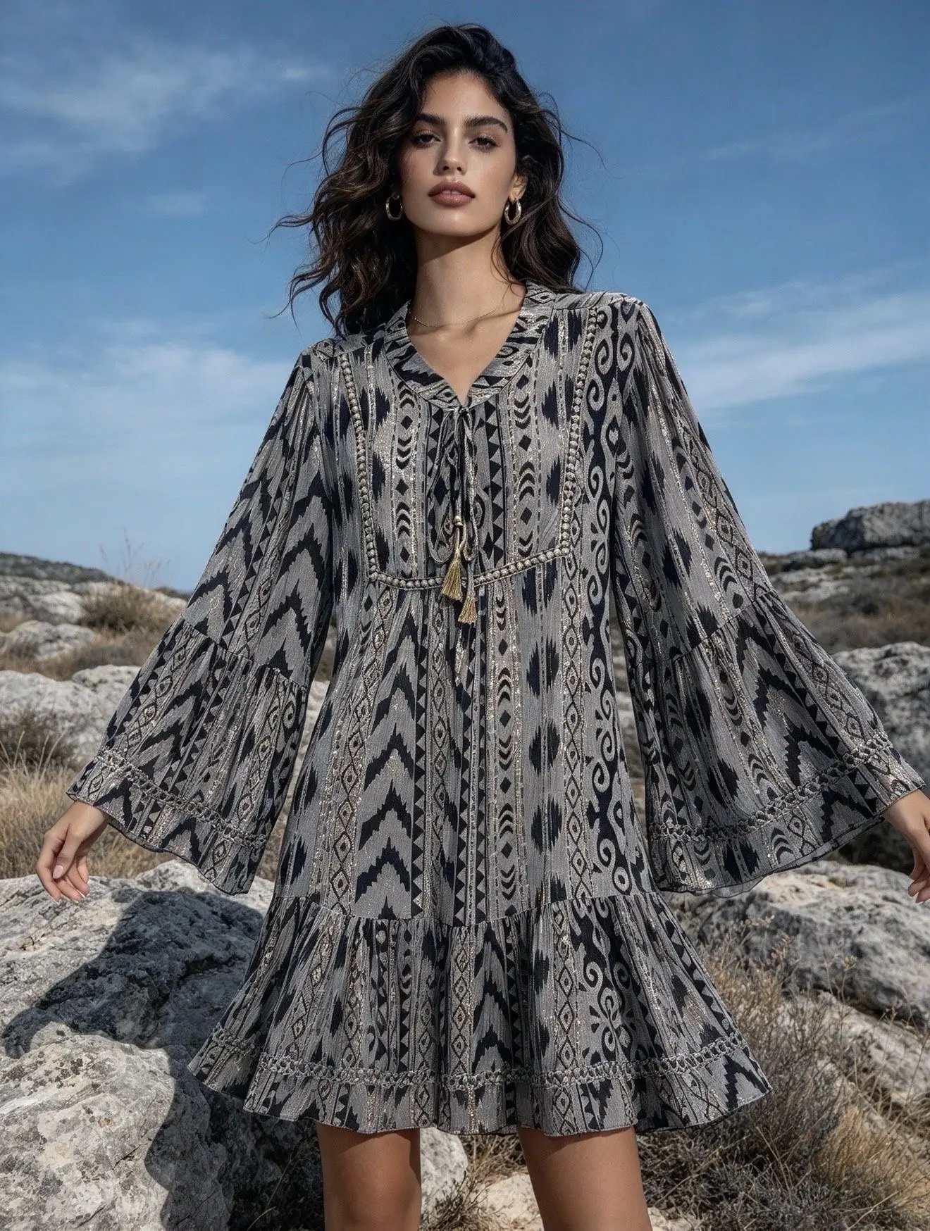 Robe mi-longue à imprimé géométrique avec LUREX , coupe évasée