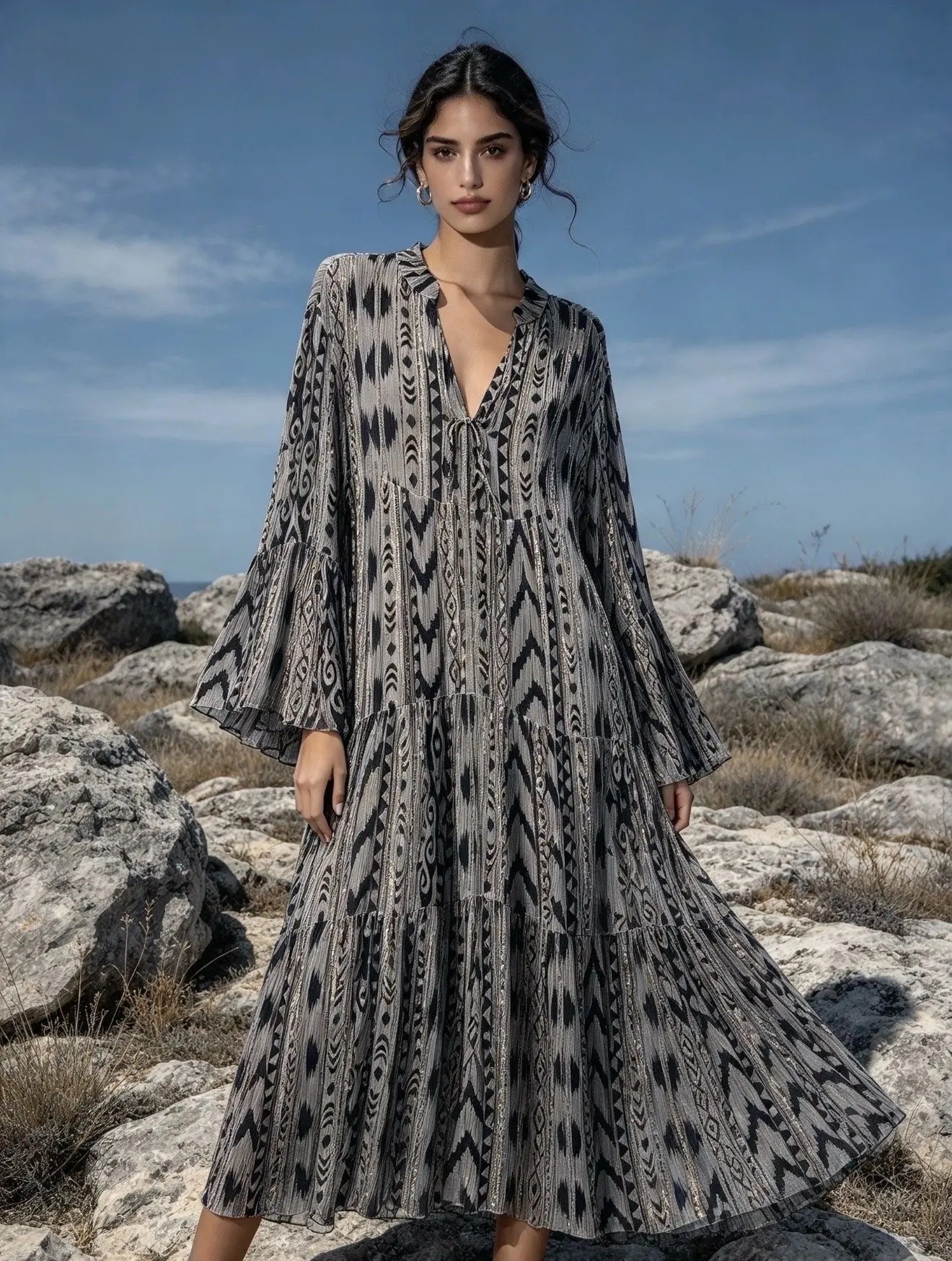 Robe longue à imprimés géométrique avec LUREX,