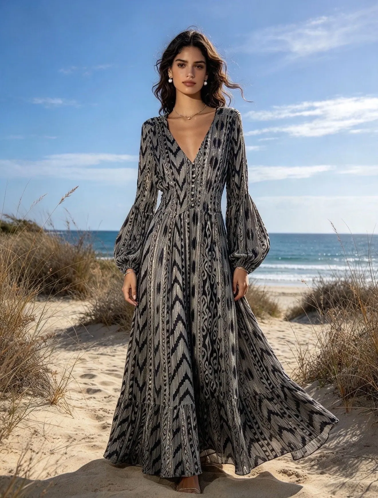Robe longue à imprimé géométrique avec LUREX ,taille élastique,coupe évasée.