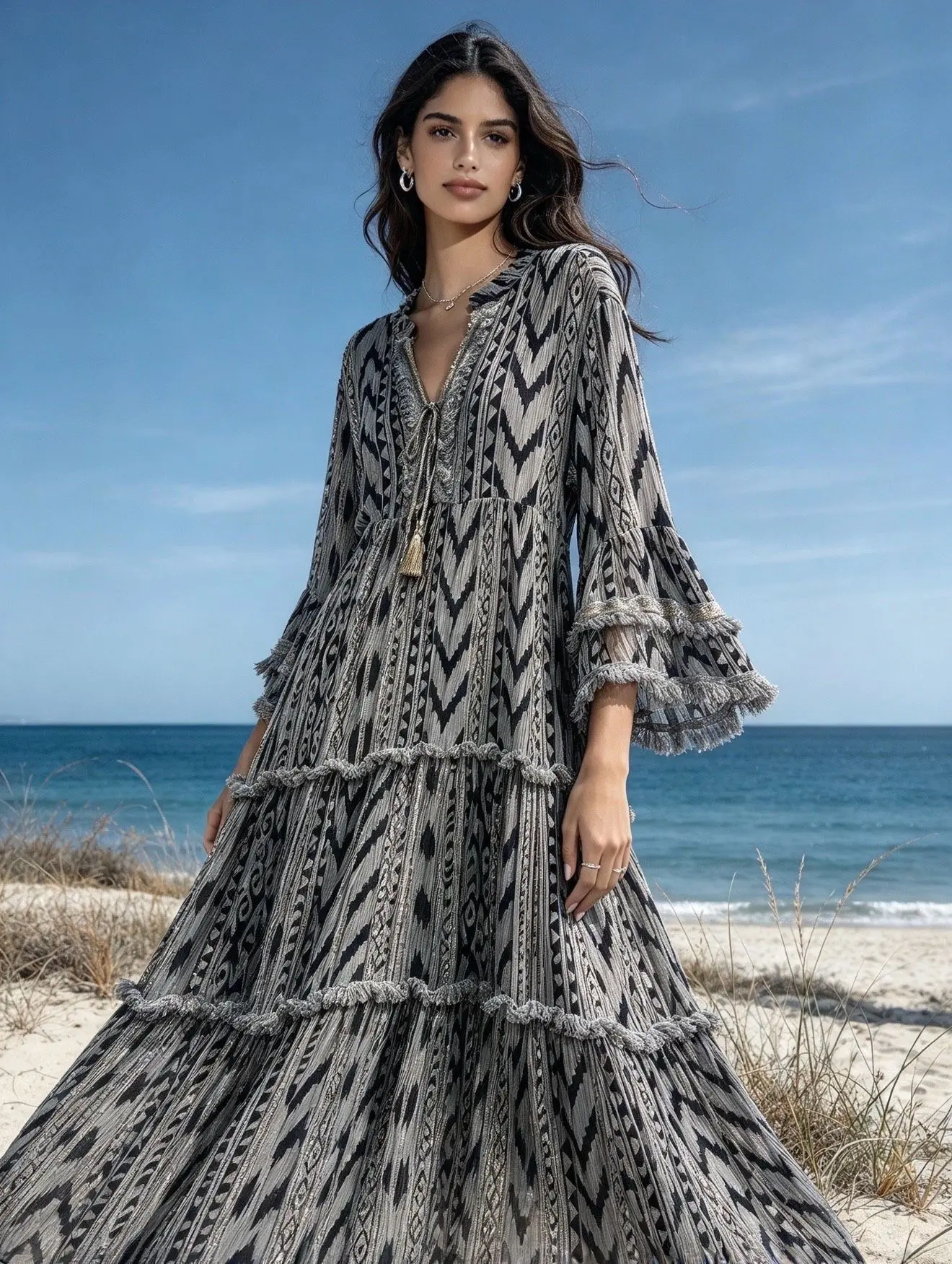 Robe Maxi volantée  à imprimé géométrique avec LUREX,coupe évasée